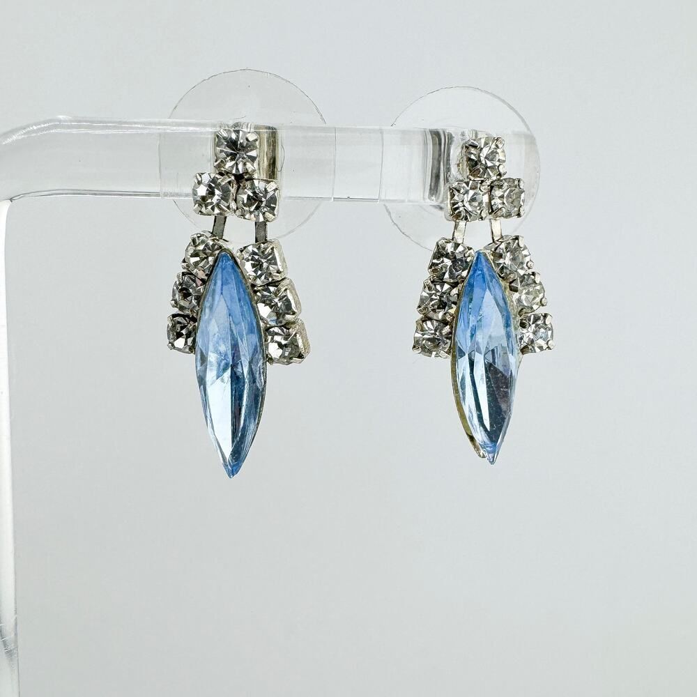 Vintage Stella Picciotto Blue Clear Rhinestone Earrings Glamorous Art Deco Retro